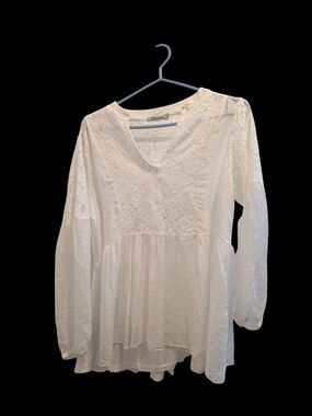 Western Neutral White Lace Yoke Tunic Top